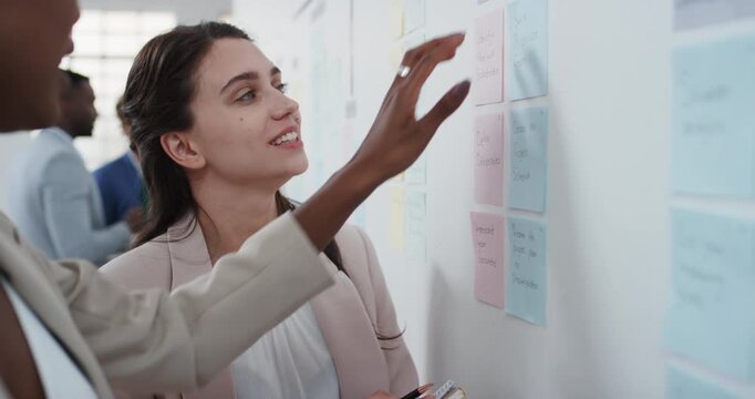 Business, woman and stick notes on whiteboard in office for training, planning and agenda for audit. People, timeline and talk with team for coaching, brainstorming and ideas for investment proposal