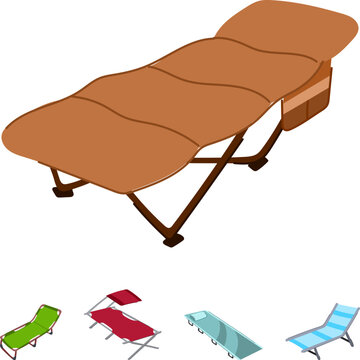 Folding cot and various outdoor recliners illustrating equipment for comfortable camping, backyard leisure, and beach vacations, providing sleep and rest solutions