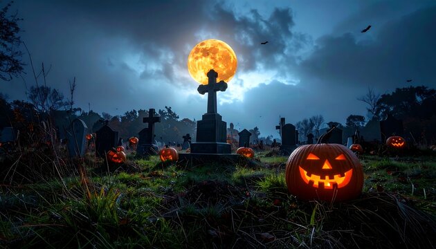 Graveyard scene with tombstones, pumpkins, and a big full moon against dark clouds at night