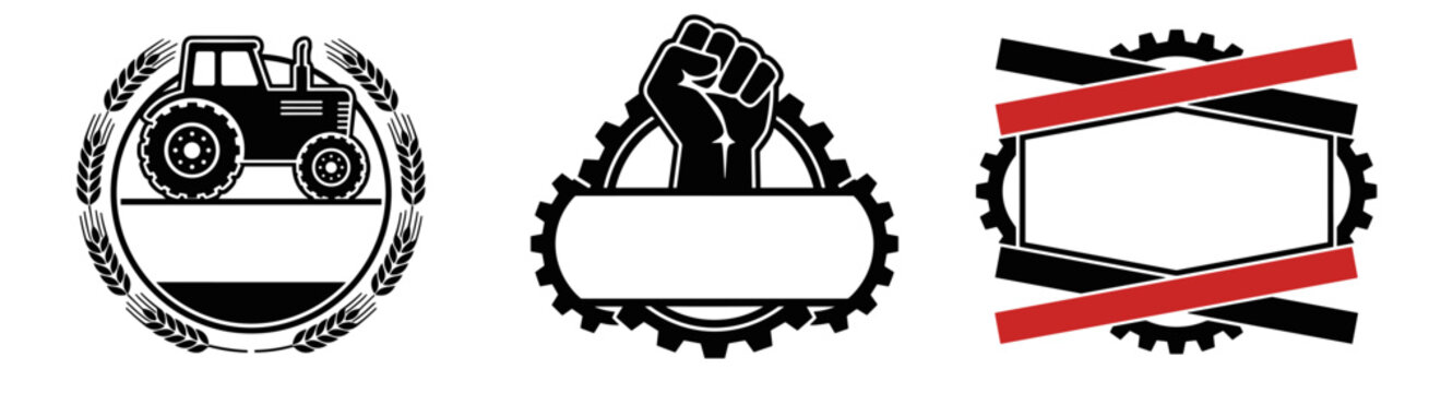 Set of three monochrome emblems with gears, one featuring a tractor, another a silhouette of a raised fist, and the third with red lines indicating