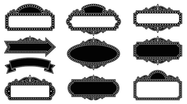 Collection of decorative retro black frames and banners with ornate swirls and borders, vintage ornamental design elements