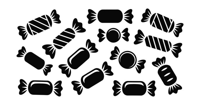 Candy wrapper vector set featuring assorted black and white confectionery packaging shapes on isolated white background