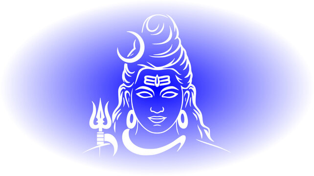 Lord Shiva line art vector illustration for Maha Shivratri festival featuring a blue gradient oval badge with a portrait of Shankar Mahadev, crescent moon, and small trishul.