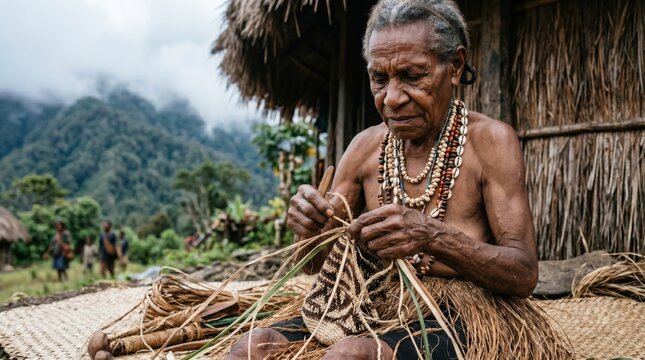 Papua Indigenous Elder Woman Portrait with Noken Bag Misty Mountains