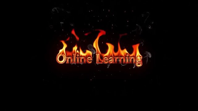 Online learning text graphic rendered with bright orange fire flames and rising grey smoke against a solid dark black background creating an intense motion animation footage style effect for modern di