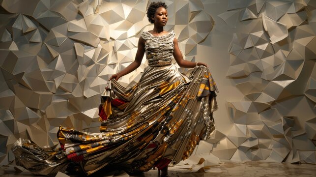 African woman in contemporary fashion poses gracefully in a flowing dress with intricate patterns, set against an abstract geometric background with textured surfaces