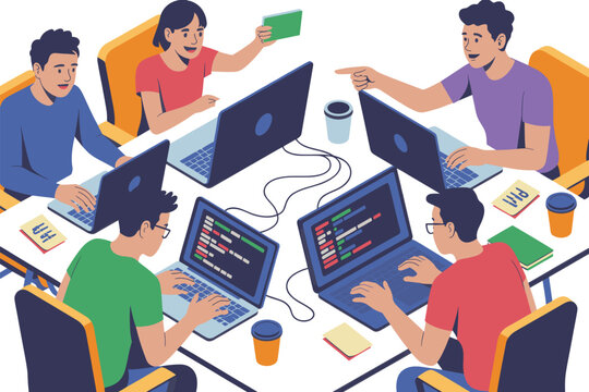 Isometric Illustration of Five Developers Collaborating on Laptops