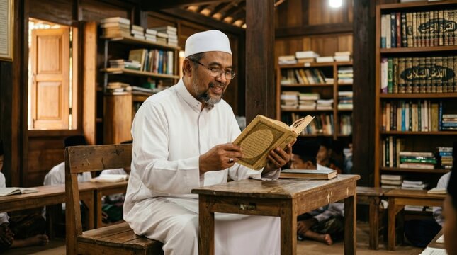 Indonesian Islamic Scholar Kyai Reading Quran at Pesantren Classroom