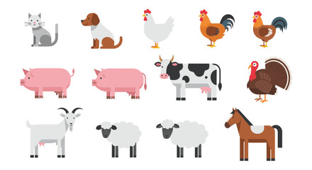 Obraz premium Diverse collection of domestic farm animals including a cat, dog, chicken, pig, cow, turkey, goat, sheep, and horse on a plain background.