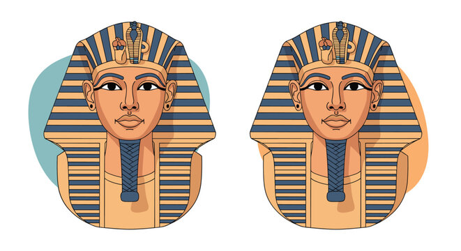 Two colorful stylized illustrations of an Egyptian pharaoh head featuring traditional striped headdress and ceremonial facial hair.