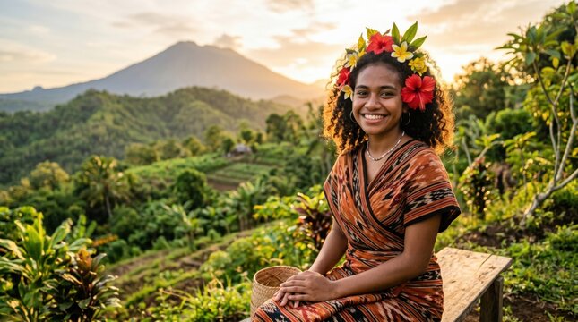 Young Flores Woman Smiling with Tropical Flowers in Hair at Green