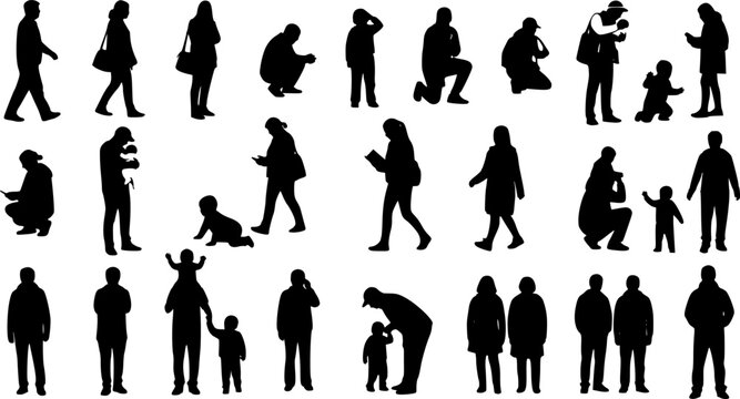 People and families silhouettes mega collection, design for: architectural rendering scale vector figures, urban community development presentations. Transparent EPS version.