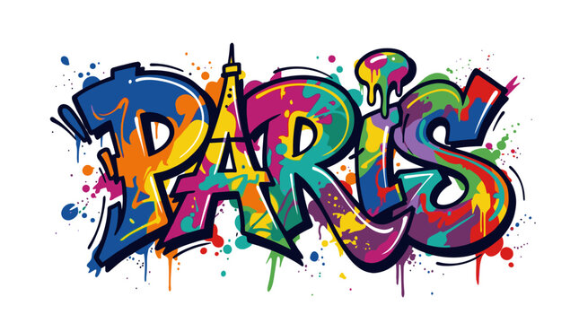 Graffiti-style text reading 'Paris' with colorful paint splatters on a white background.