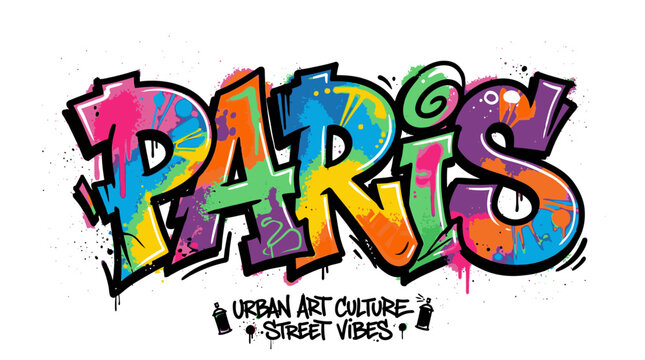 A colorful graffiti-style text reading 'Paris' with urban art culture and street vibes written below on a white background.