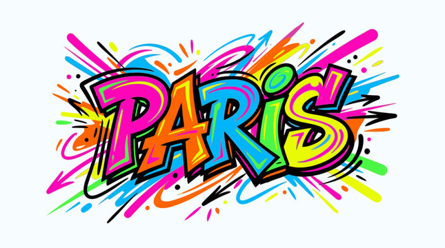 Vibrant graffiti-style illustration of the word 'Paris' in bold, colorful letters with dynamic brushstrokes on a white background.