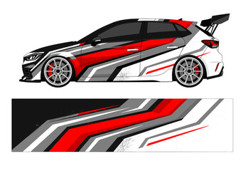 Obraz premium Red and black racing livery design for white hatchback.