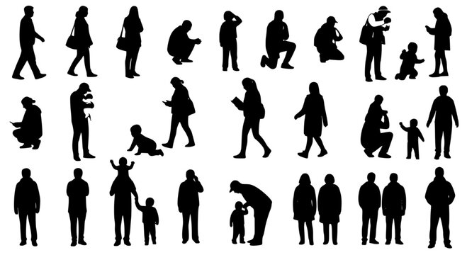 People and families silhouettes mega collection, design for: architectural rendering scale vector figures, urban community development presentations. Transparent SVG version.