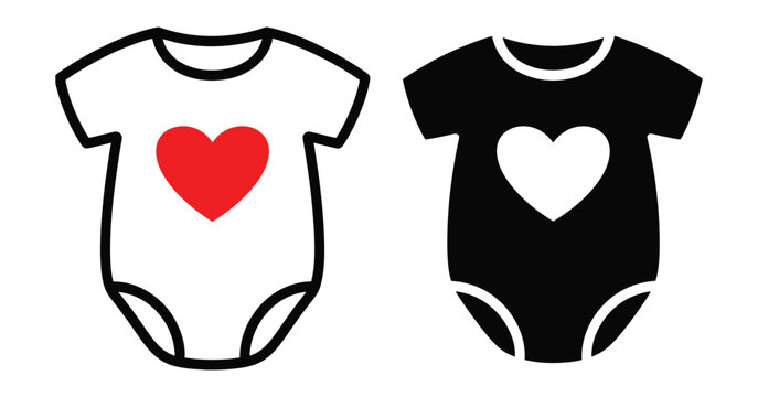 Baby onesie outline vector illustration with heart design in black and white for newborn clothing and baby care concepts