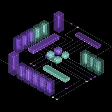 Futuristic isometric data center architecture with glowing neon connectivity blocks datacenter architecture isometric technology infrastructure computing abstract information