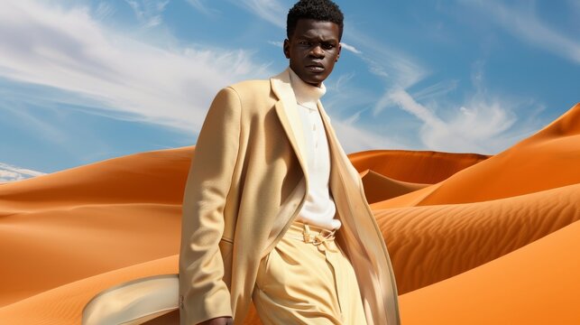 Full-body portrait of African male model wearing a modern beige suit against a backdrop of orange sand dunes and blue sky, showcasing contemporary fashion design