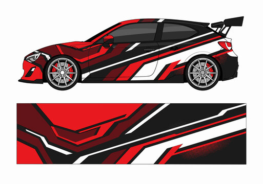 Red hatchback with aggressive black and white livery design.