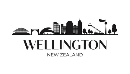 Fototapeta premium Vector illustration of Wellington skyline in black silhouette, with “WELLINGTON” text, on white background, modern city identity and tourism design