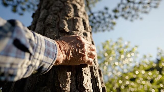 Wrinkled hand of a senior person touching the rough bark of a pine tree in a sunny forest