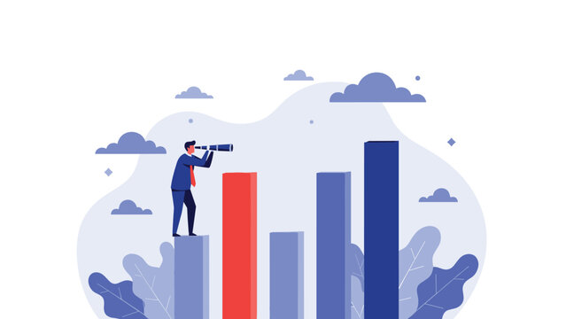 Visionary businessman standing on a bar chart looking through a telescope towards the future of business growth and market opportunities.