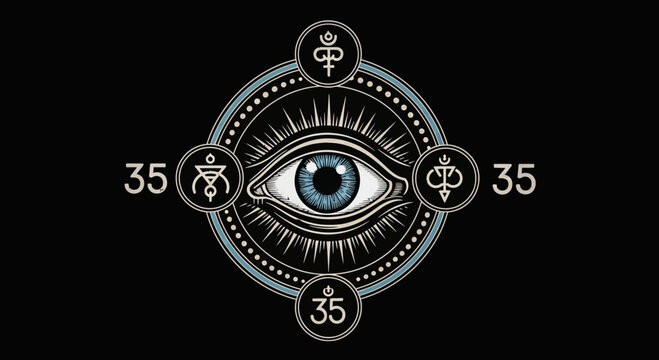 All seeing eye with omens symbols.