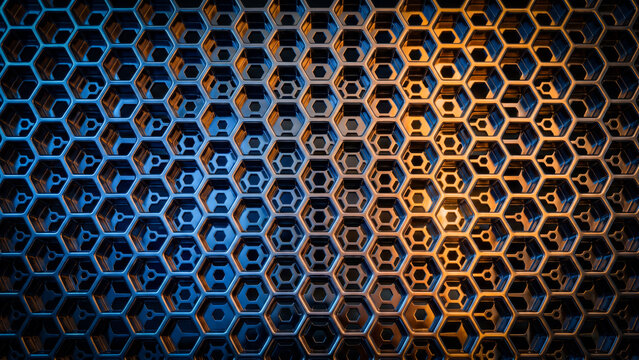 Graphic top down abstract shot of a hexagonal chromium metal sample matrix featuring laser cut holes and a high polish silver gloss texture reflecting split blue and amber lights