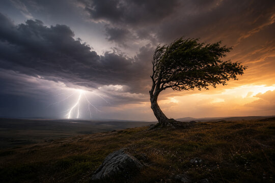 AI generated solitary tree enduring violent storm lightning strikes symbolizing resilience perseverance strength survival determination overcoming challenges