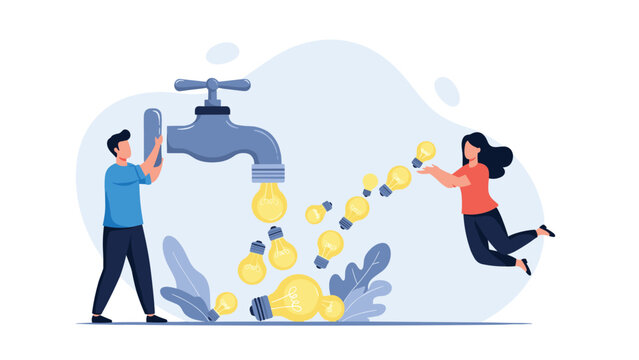 Creative collaborators generating endless innovative ideas as one person opens a tap of inspiration for another to catch.