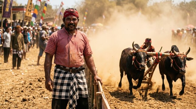 Proud Madurese Man in Traditional Poleng Costume at Karapan Sapi Field
