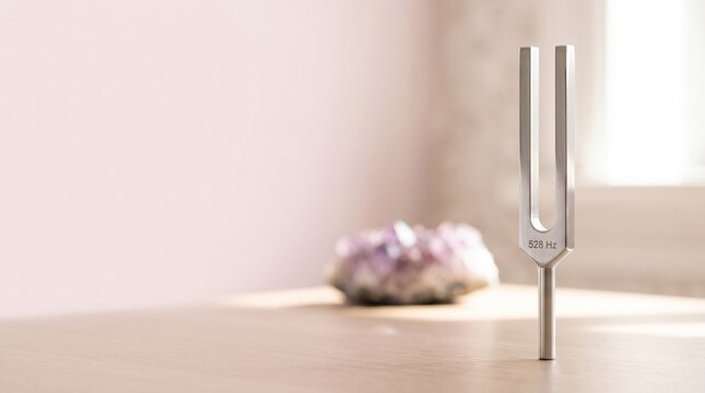 Silver tuning fork standing on wooden table with soft light background  