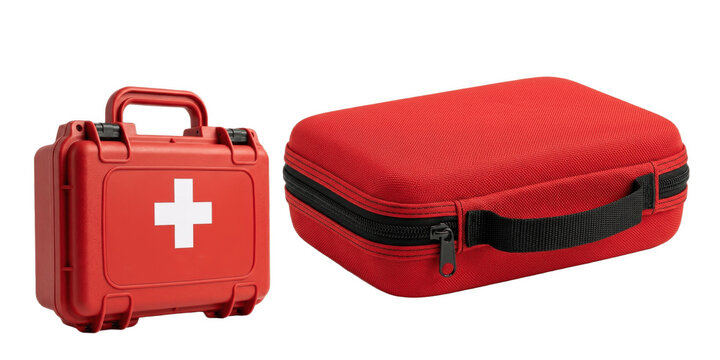 A set of red first aid cases, hard shell box and zippered pouch, portable emergency kit containers with handle, medical cross icon shown as PNG

