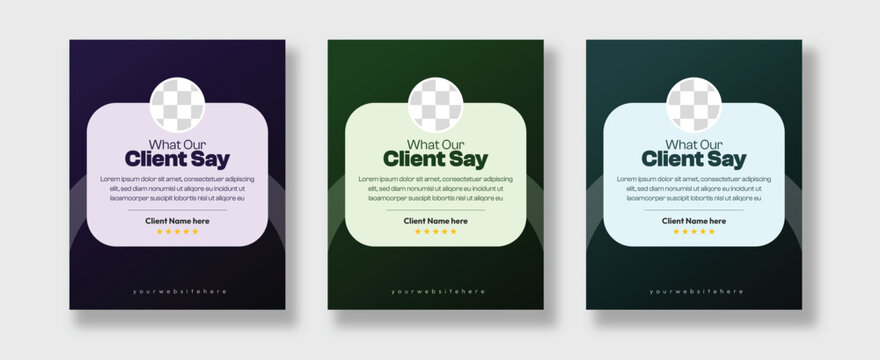 Client testimonial social media post template collection with customer review card, feedback section and five star rating.