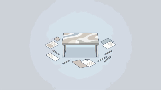 Minimalist Home Office Workspace for Remote Work and Creative Projects: Desk with Scattered Papers and Pens on Floor