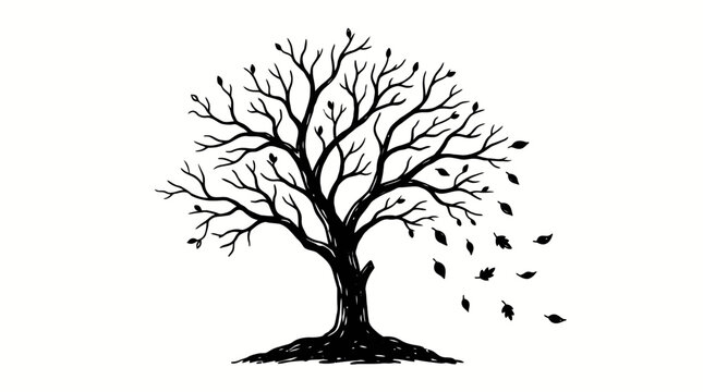 Silhouette of a bare tree losing leaves against a white background