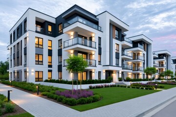 Fototapeta premium Modern residential building with illuminated windows at dusk