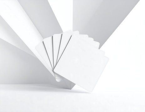 3d render, abstract white geometric background, minimal flat lay, twisted deck of square blank cards with rounded corners