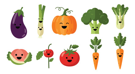 Fototapeta premium Group of cute and happy vegetable characters with smiling faces including eggplant, onion, pumpkin, broccoli, and tomato on white.