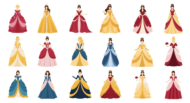 Diverse collection of 18 beautiful princess characters wearing a variety of elegant ball gowns in different colors and styles.