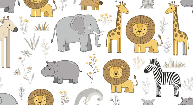 Adorable seamless pattern featuring cute baby zoo animals like elephants, lions, giraffes, hippos, and zebras with floral accents.
