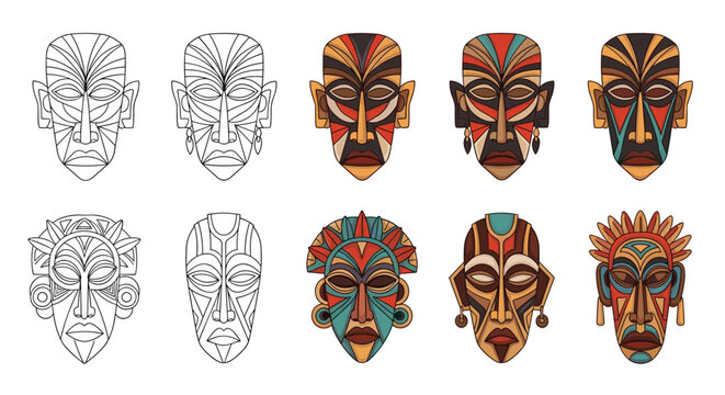 Diverse collection of decorative tribal masks from various cultures is presented in both colorful and outline styles.