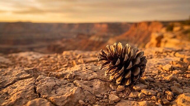 A single pine cone resting on rocky ground at sunset