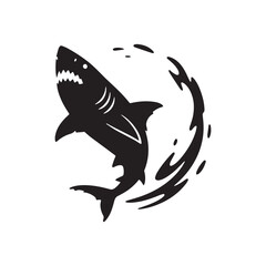 Naklejka premium Black Silhouette Of A Jumping Great White Shark With Surrounding Wave Splash.