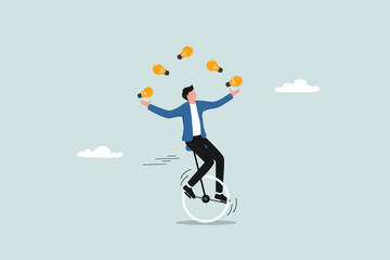Creativity and ideas, innovation or skills to succeed in business, a skilled entrepreneur who rides a unicycle while playing with light bulbs. © NASIH