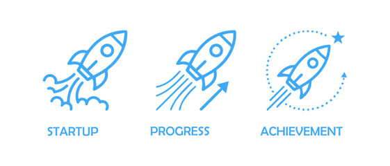 Obraz premium Business startup progress and achievement rocket icons with progress achievement business innovation