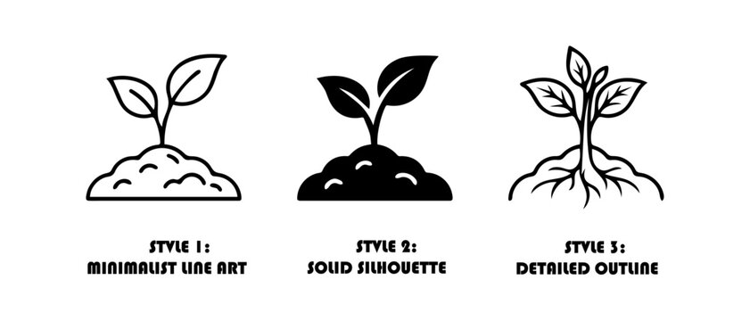 Set of sprout plant icons in minimalist line art solid silhouette and defined outline styles