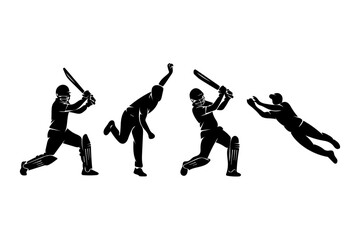 Cricket player action silhouettes set including batting and bowling with silhouette fielding tournament © Md